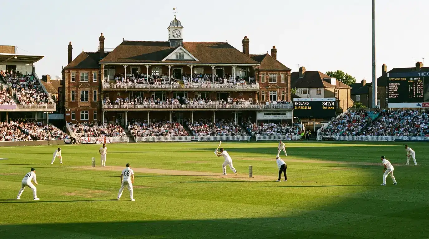 Test cricket session in progress with a batter playing a defensive shot under afternoon sun at an English ground