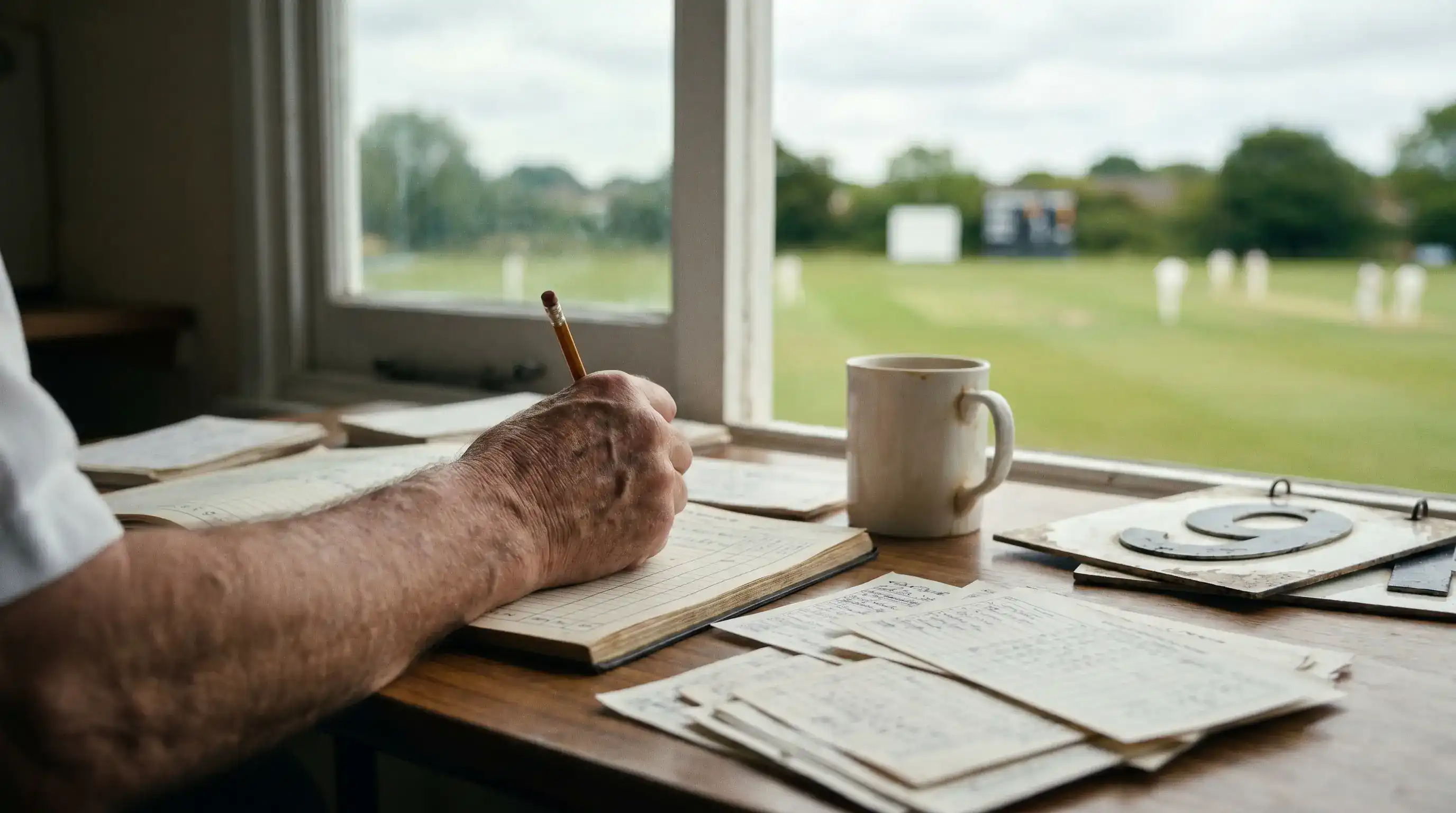 Club cricket scorer at work with a paper scorebook open on a table beside a pencil and a pavilion window in the background