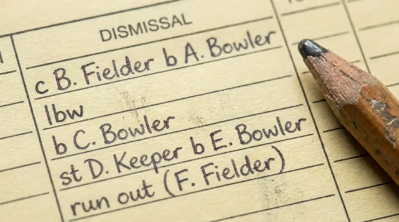 Close-up of a printed cricket scorecard column showing dismissal codes including caught bowled and lbw in shorthand