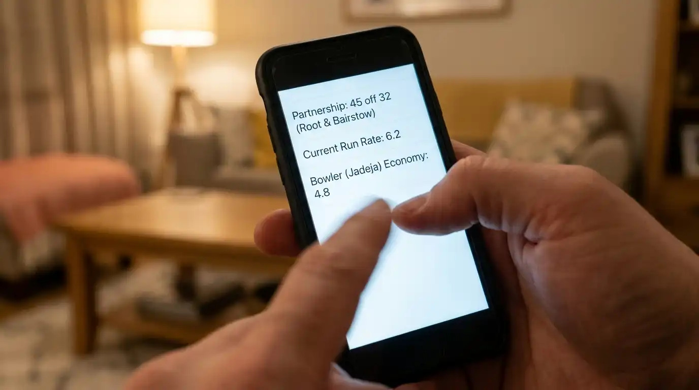 Close-up of a phone in a viewer's hand showing a live cricket stats page during an evening match broadcast