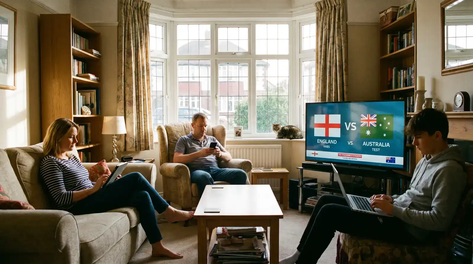 UK household with multiple family members each using a different device during the same Test match broadcast