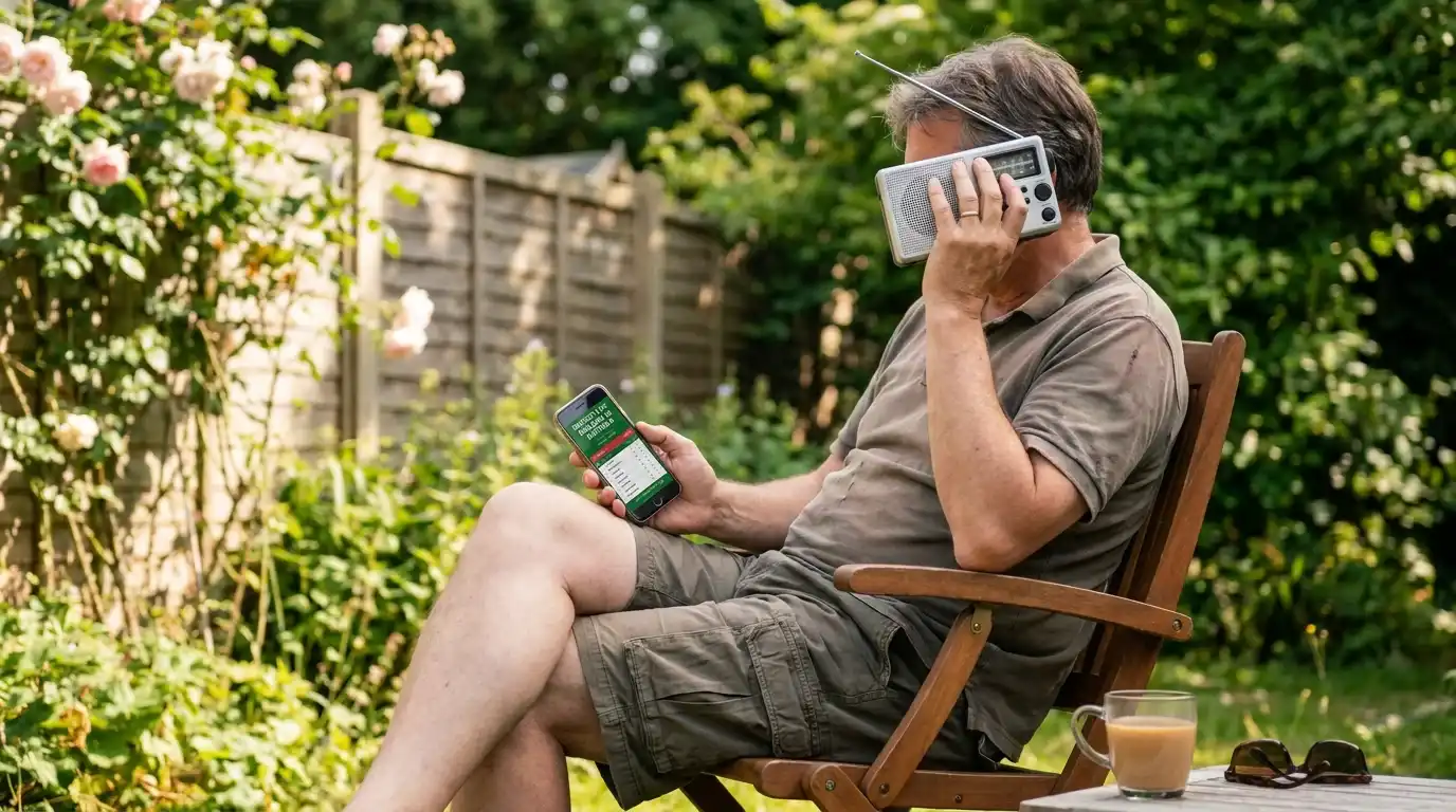 Cricket viewer in a garden chair with a radio in one hand and a phone showing a live scorecard in the other