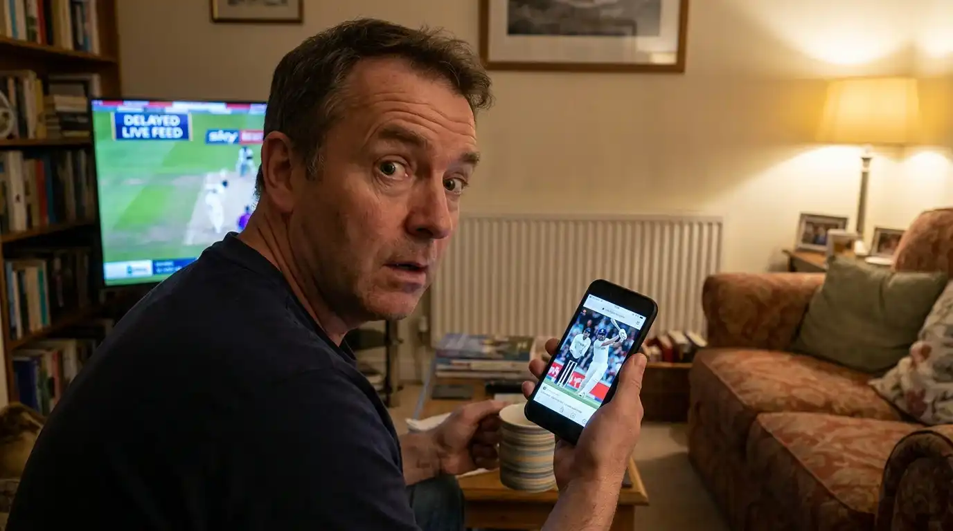 Cricket viewer looking at their phone with a surprised expression just before the TV broadcast catches up