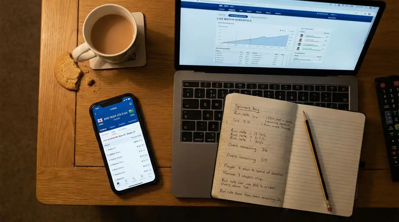 Cricket viewer's coffee table with a phone showing a scorecard a laptop with a stats site and the TV showing the live match