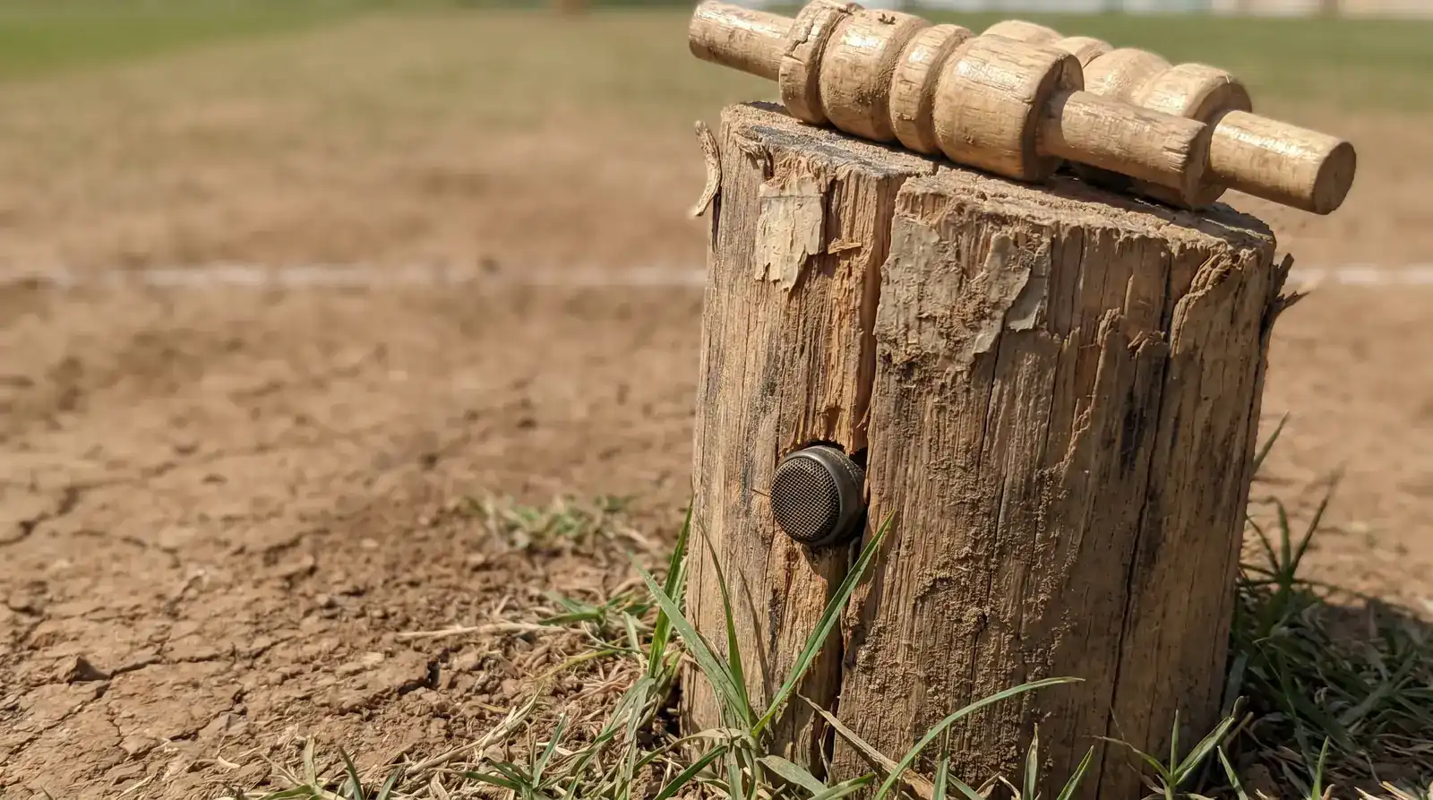 Close-up of a stump microphone embedded in a cricket stump during a Test match with the bails resting on top