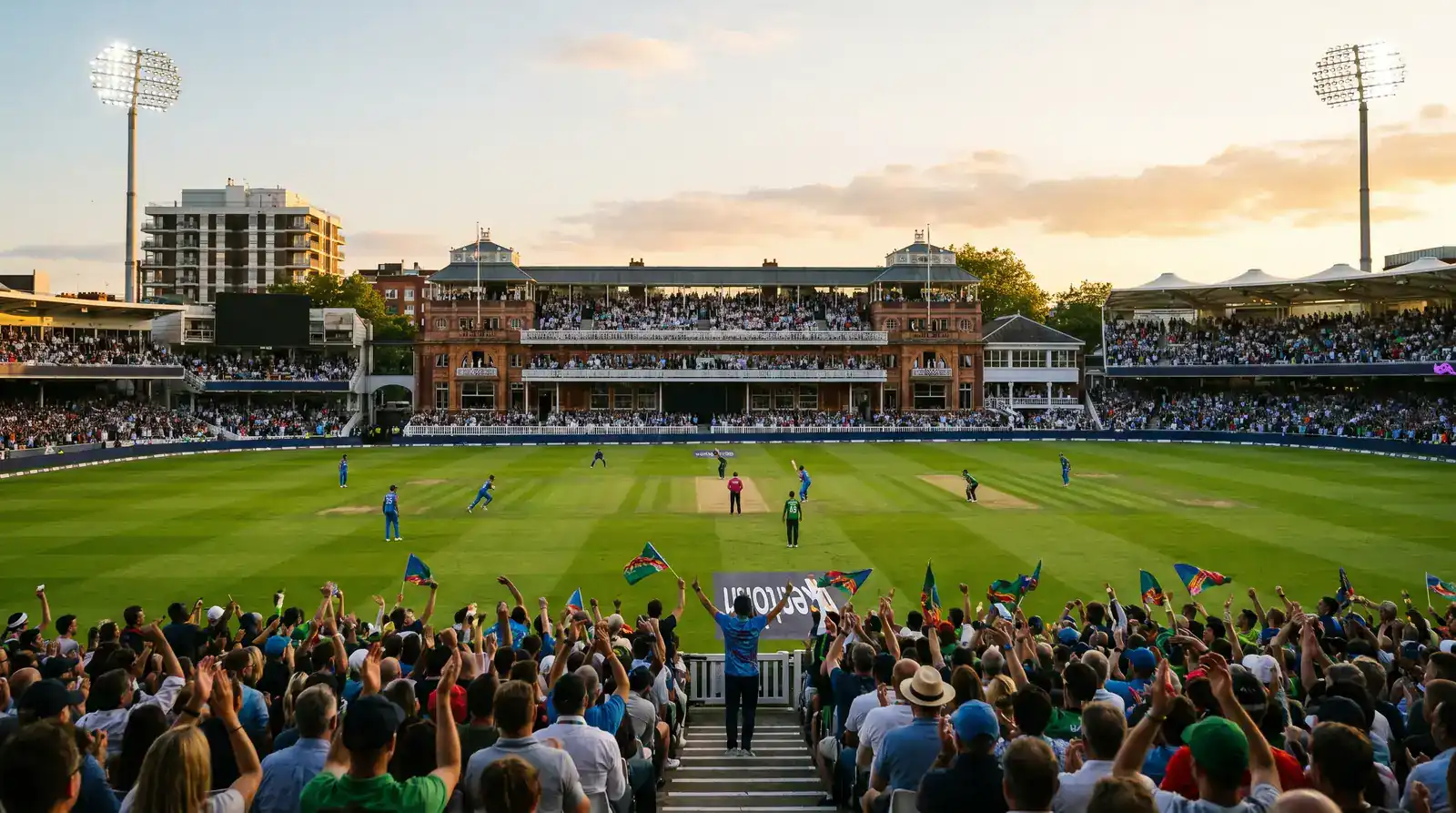 Lord's-style English cricket ground packed with fans during a high-stakes white-ball final under evening light