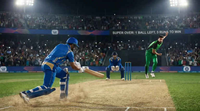 Batter facing a yorker during a super over with the bowler in mid-delivery and the wicket-keeper standing up to the stumps