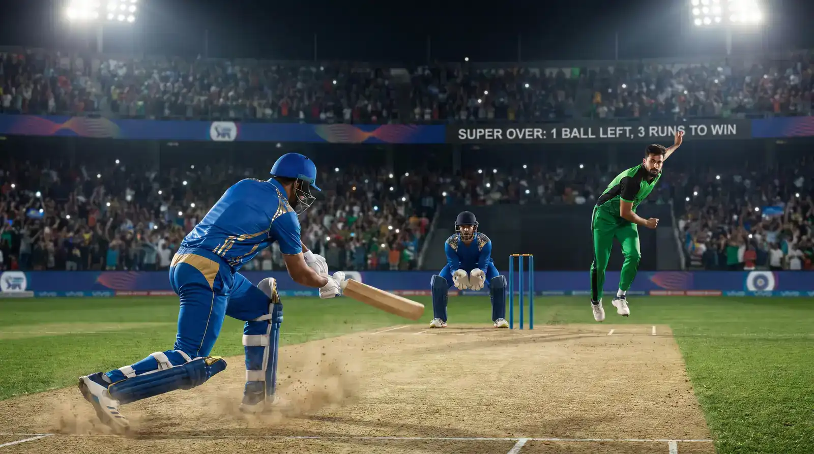 Batter facing a yorker during a super over with the bowler in mid-delivery and the wicket-keeper standing up to the stumps