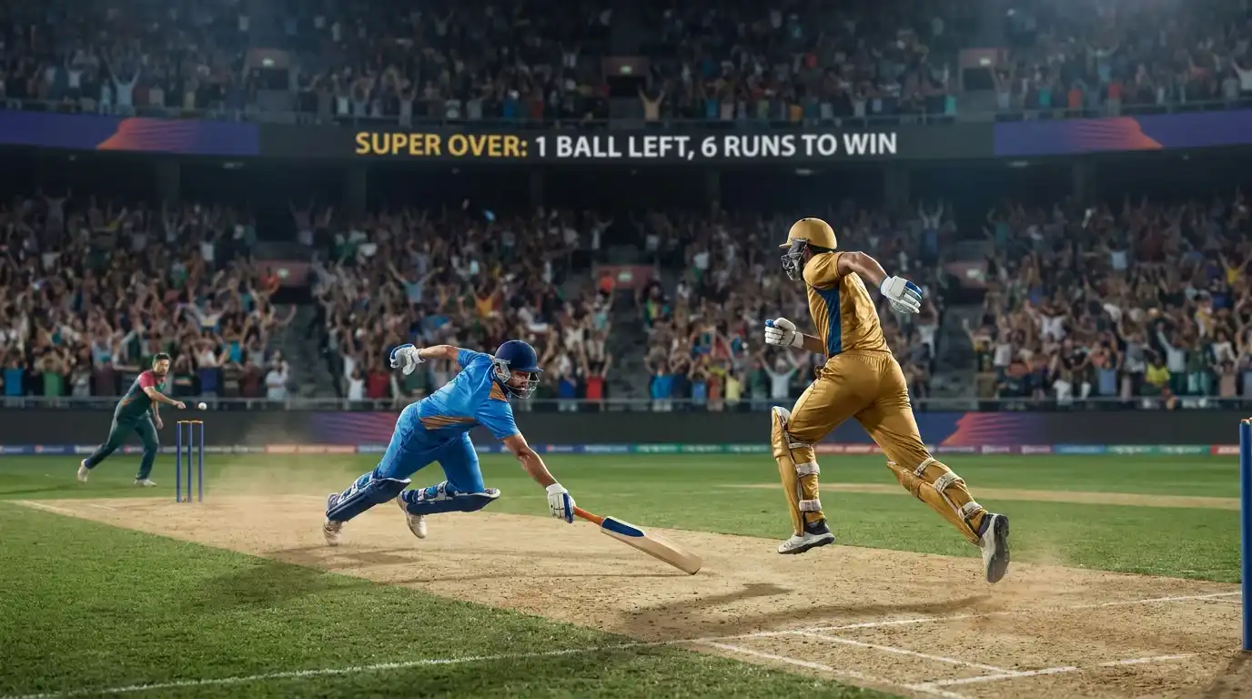 Cricket batter and non-striker mid-pitch with arms extended after the final delivery of a super over
