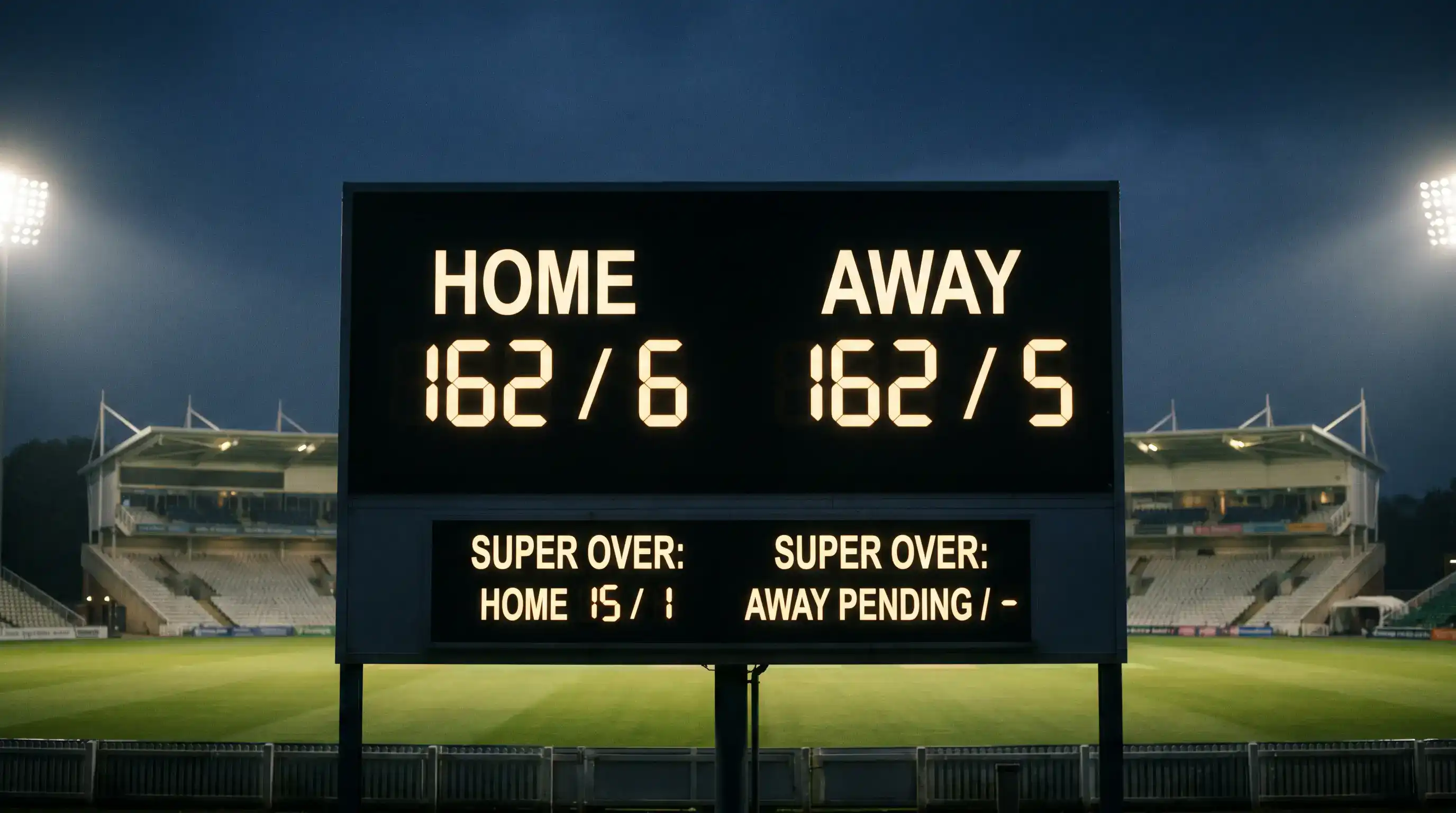 Electronic cricket scoreboard at a UK ground showing both teams' main innings totals tied alongside a small super-over panel