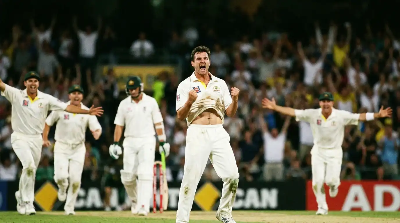 Cricket bowler celebrating a wicket during a super over with teammates running in from the boundary to join the celebration