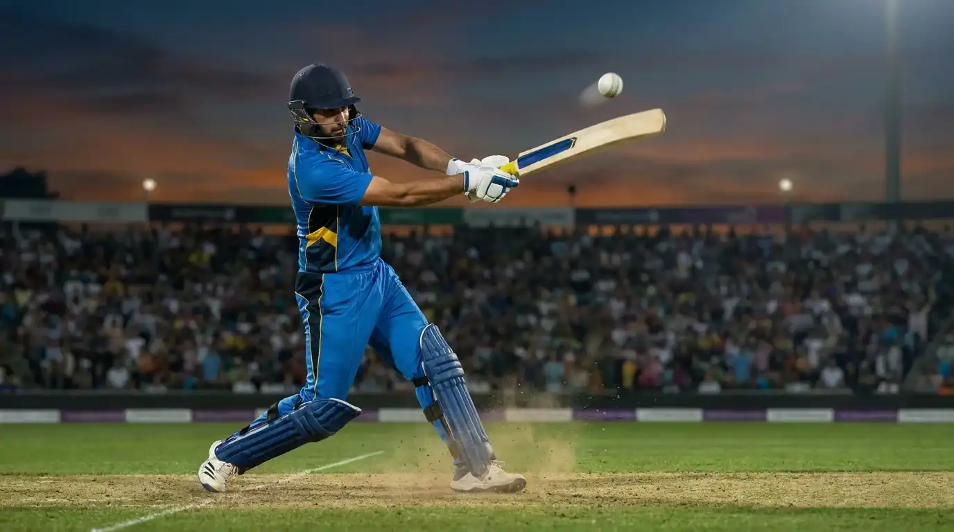 T20 batter playing an aggressive lofted stroke towards the boundary in evening light