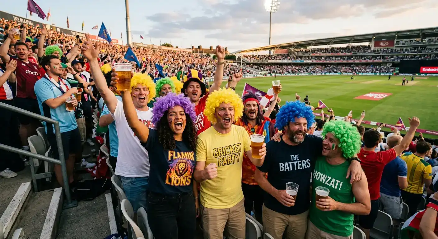 Group of T20 Blast Finals Day fans in fancy dress and colourful wigs cheering enthusiastically in the stands