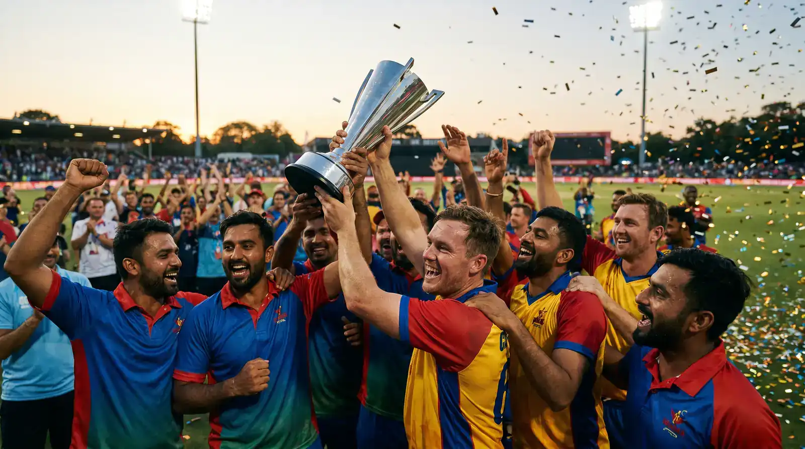 Players in coloured T20 kit lifting a trophy on the outfield in the evening light after winning Finals Day