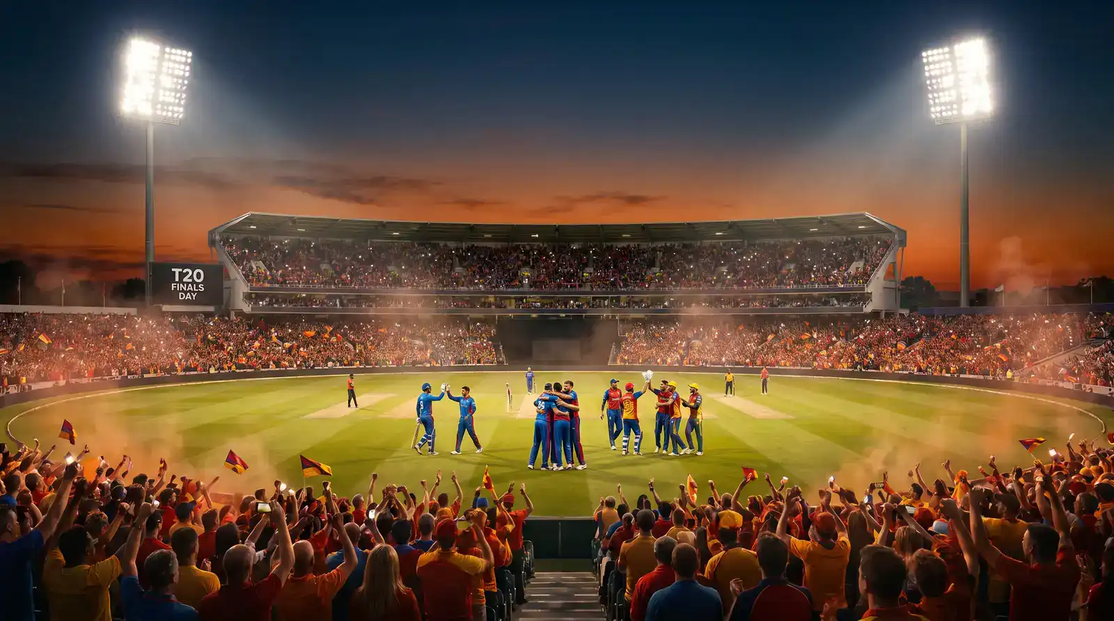 Packed crowd at Edgbaston for T20 Blast Finals Day under floodlights and festival atmosphere