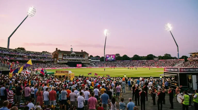 Packed Edgbaston-style crowd in the late afternoon for T20 Blast Finals Day with the floodlights coming on against the evening sky