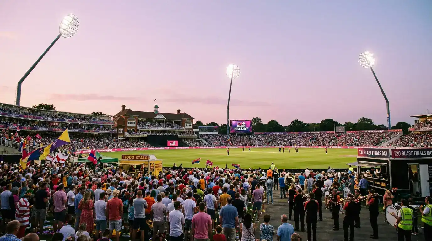 Packed Edgbaston-style crowd in the late afternoon for T20 Blast Finals Day with the floodlights coming on against the evening sky