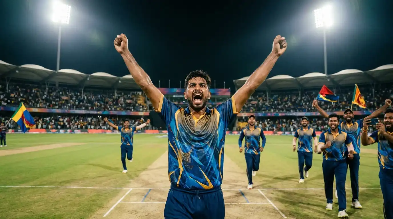 T20 cricket bowler celebrating a wicket during a knockout match with teammates running in from the boundary