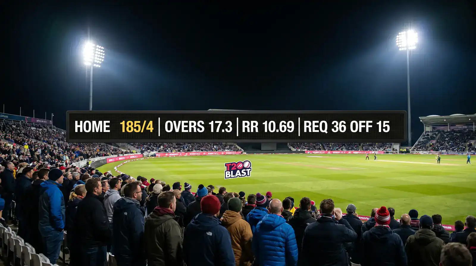 Modern electronic cricket scoreboard at a UK ground displaying a T20 Blast match total with run rate and required run rate