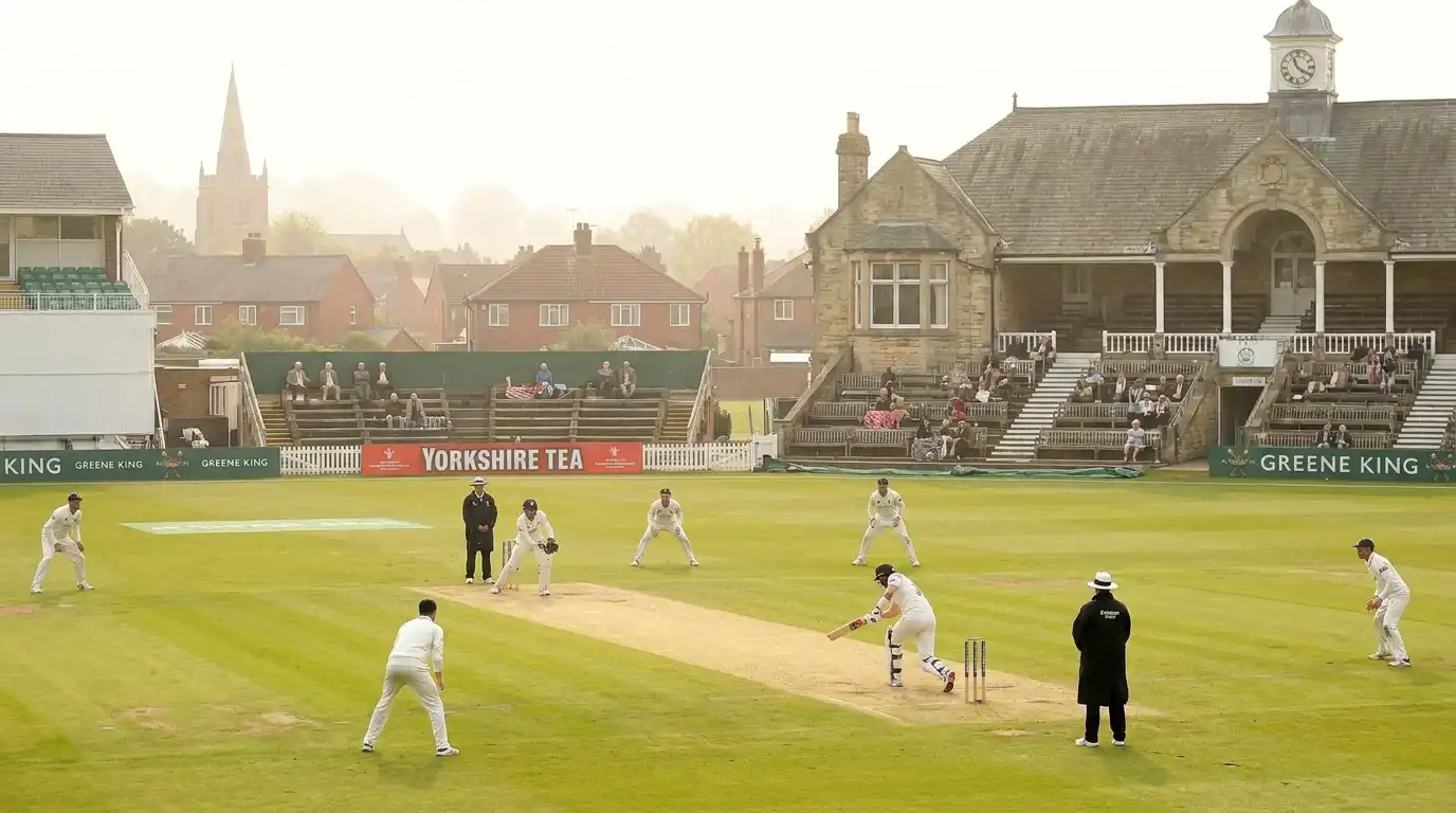 Five-day Test match in progress at an English county ground with sparse afternoon crowd