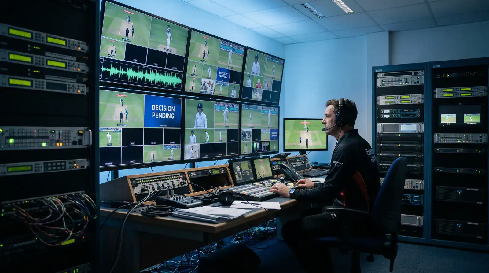 Third umpire reviewing synchronised camera feeds and audio waveforms in a broadcast control room