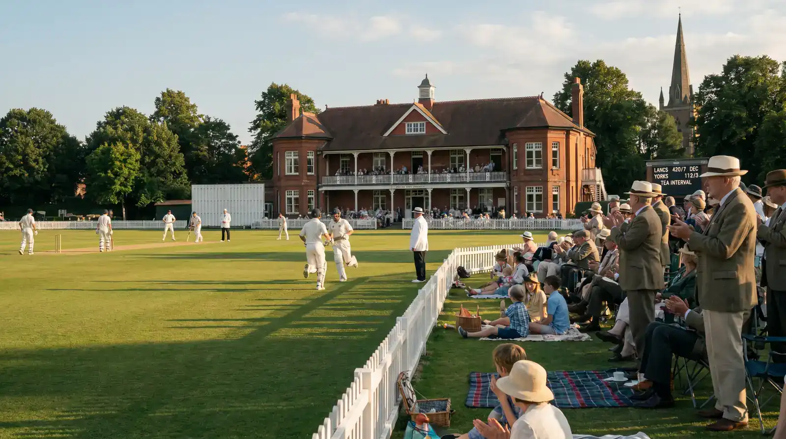 County Championship match with a modest pavilion crowd watching a quiet middle session on a sunny afternoon