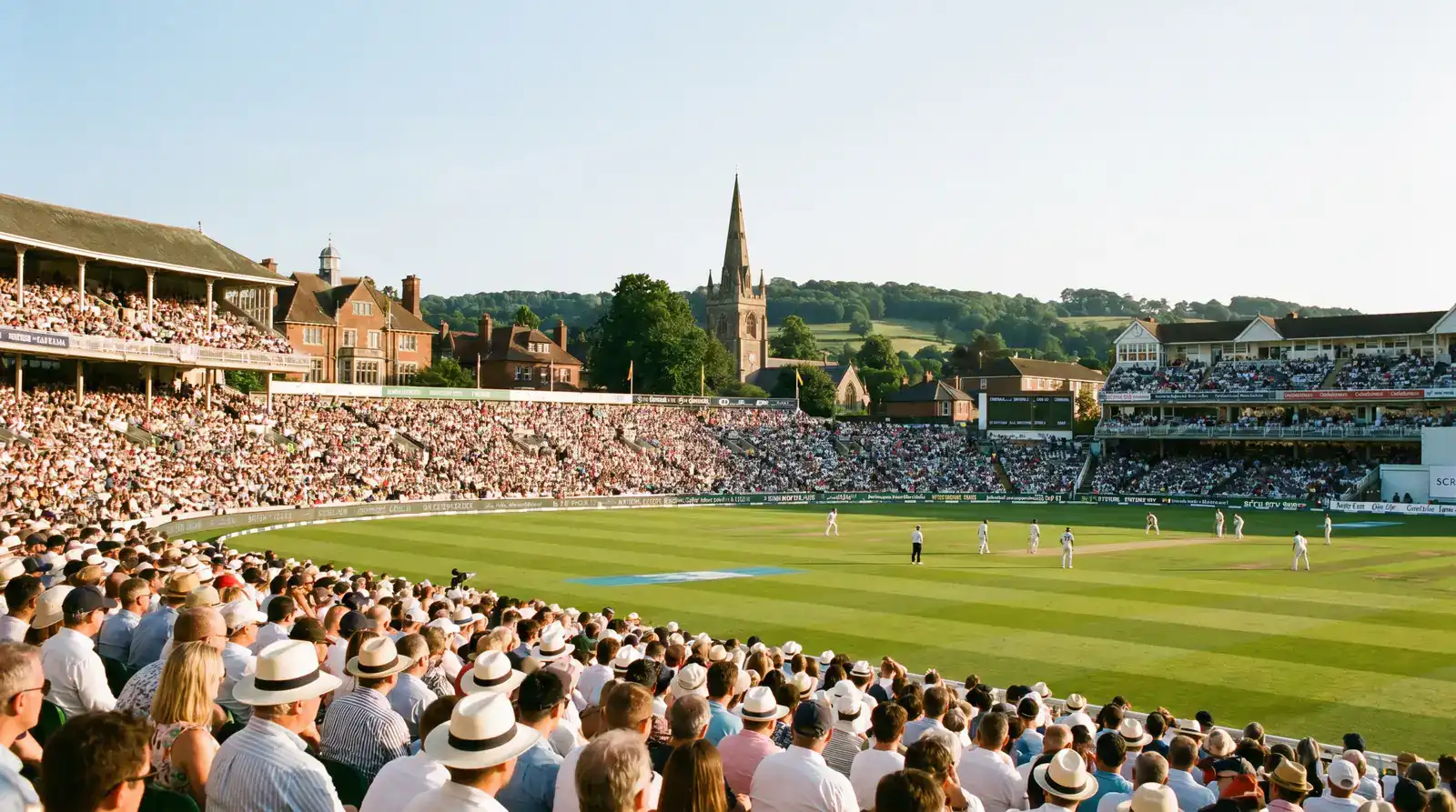 Wide view of an English Test ground with a near-full crowd during a non-Ashes summer fixture