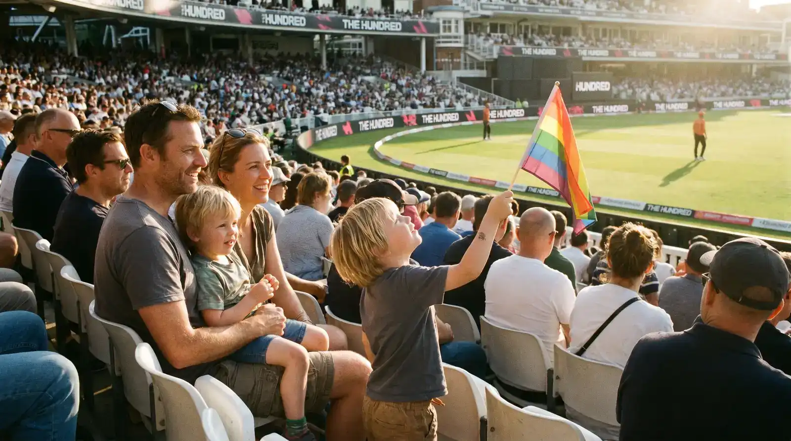 Family with two young children watching a Hundred match together in the stand with one child holding a small flag