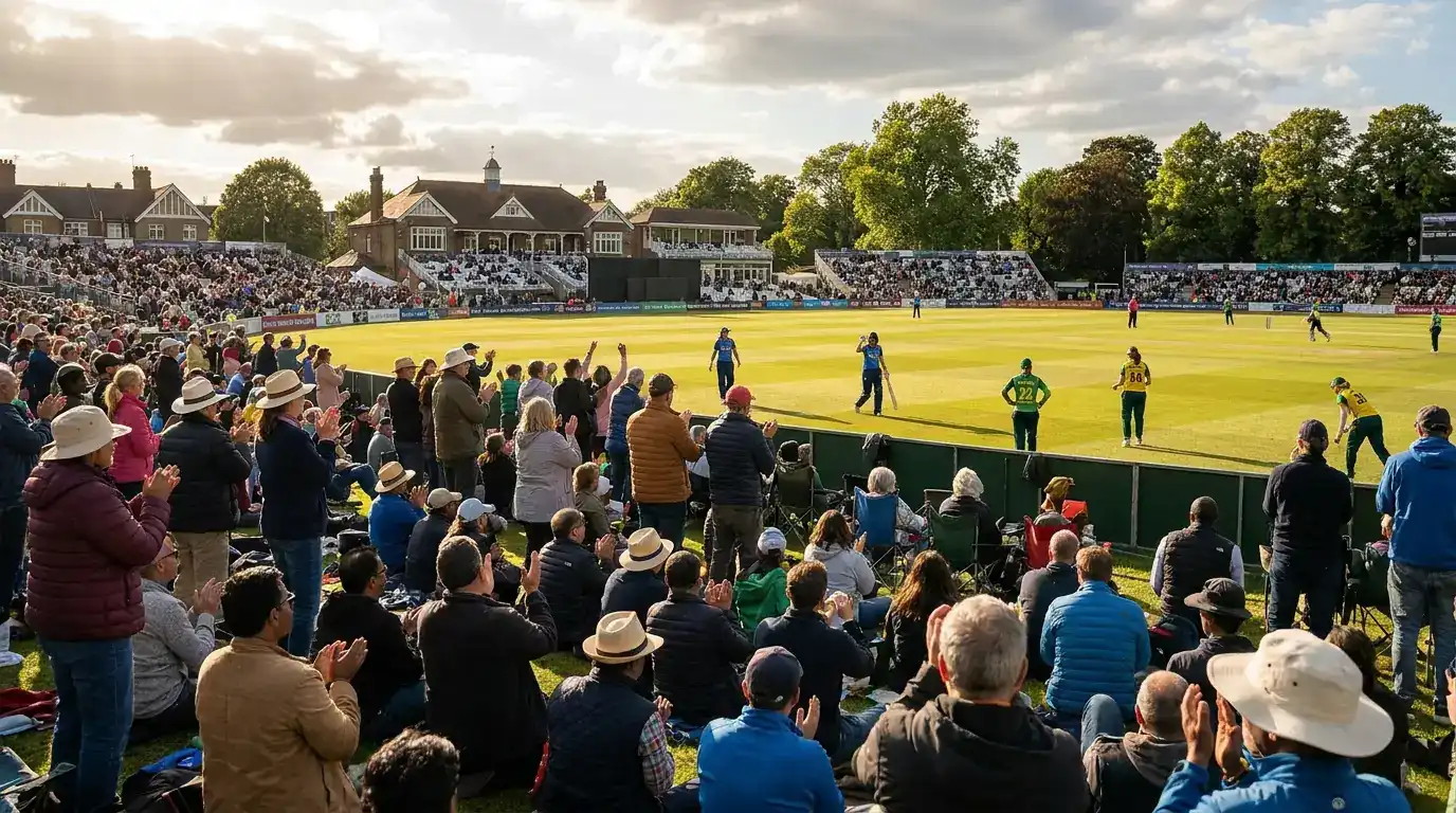 Women's cricket match crowd at an English ground with diverse spectators watching attentively in the afternoon light