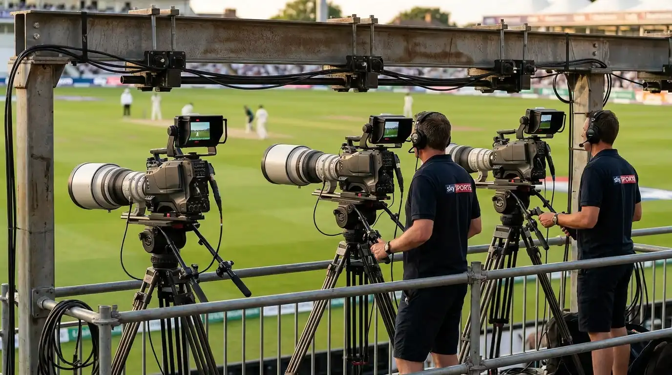 UK cricket broadcast camera gantry positioned above a Test match ground with multiple lenses