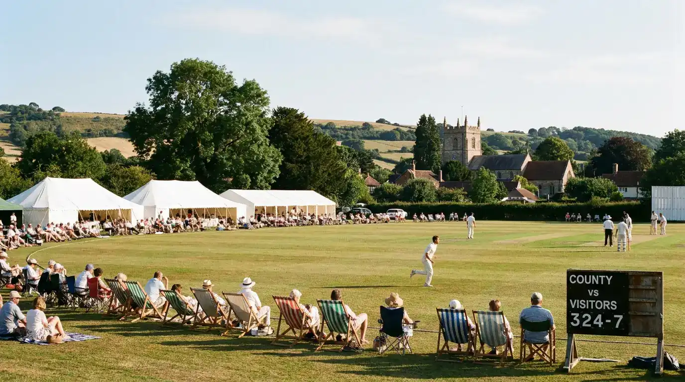 Smaller English county out-ground with marquee tents and a country-cricket atmosphere on a summer afternoon
