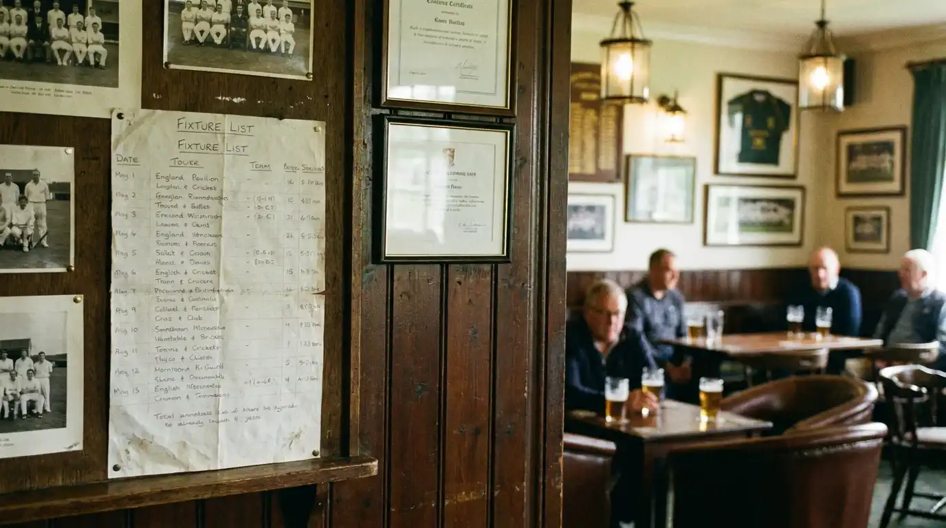 Printed fixture list pinned to a noticeboard in an English cricket pavilion bar with handwritten notes alongside it