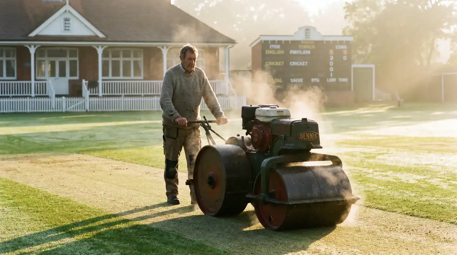 Cricket groundsman tending the pitch surface with a roller during the morning preparation at an English ground