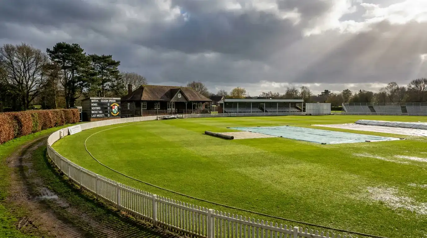 English county cricket ground in summer with empty pavilion and rolled square ready for a new match