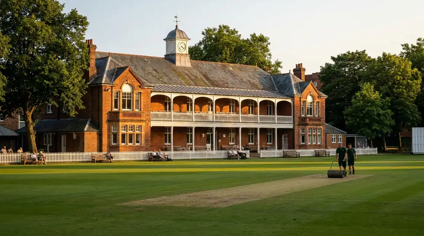 Traditional Lord's-style red-brick pavilion seen across the outfield with the pitch in the foreground at a Test ground