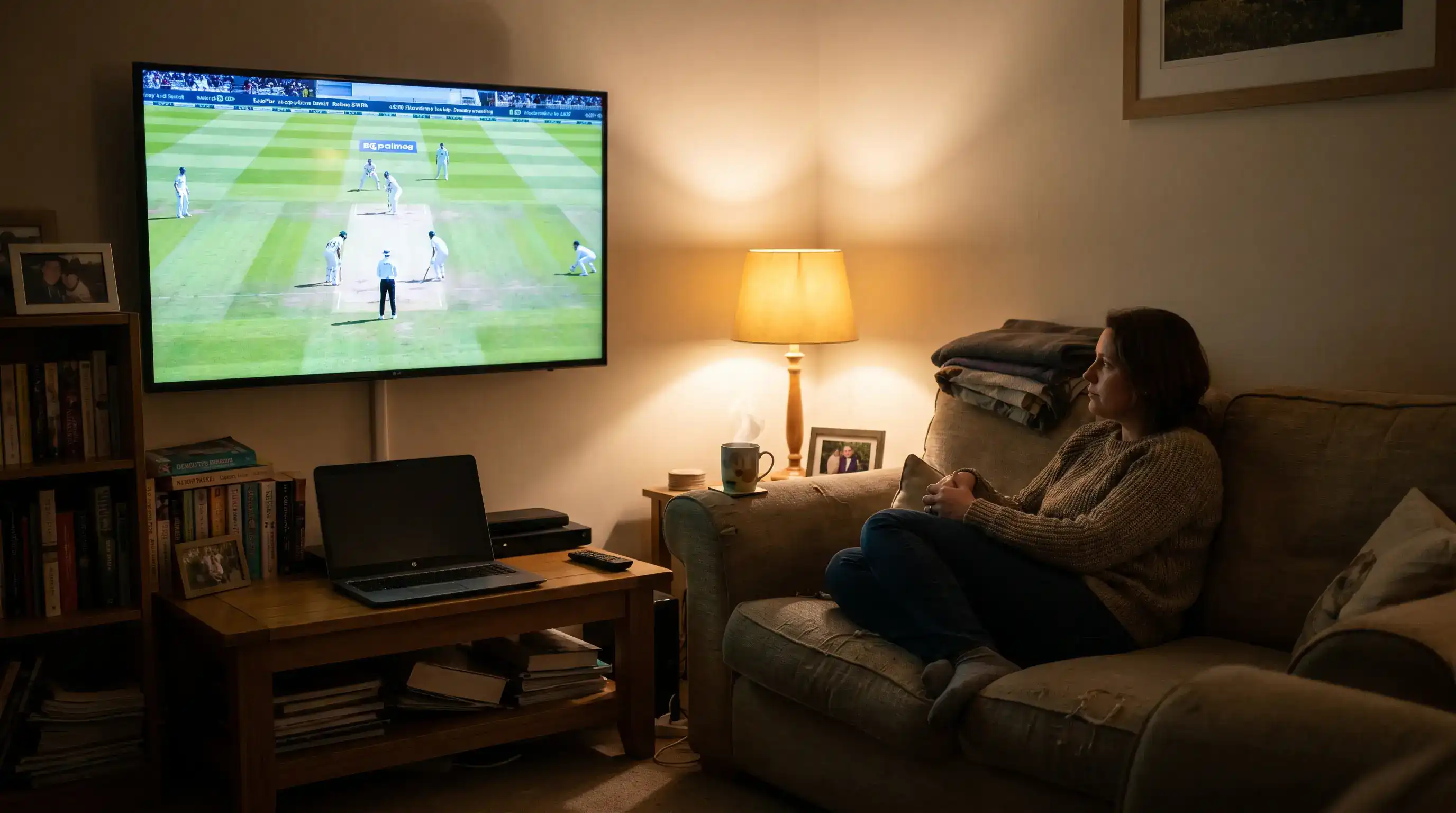 Cricket fan watching live English county cricket coverage on a large flat-screen television in a UK living room