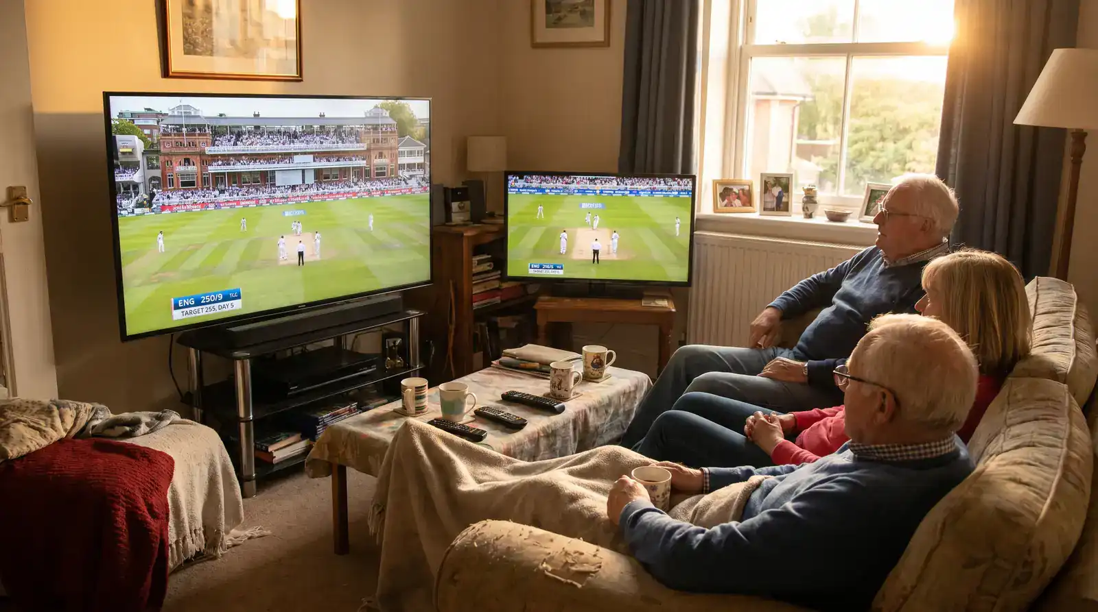UK household watching a tense 2023 Ashes Test session with the television showing a packed stadium broadcast