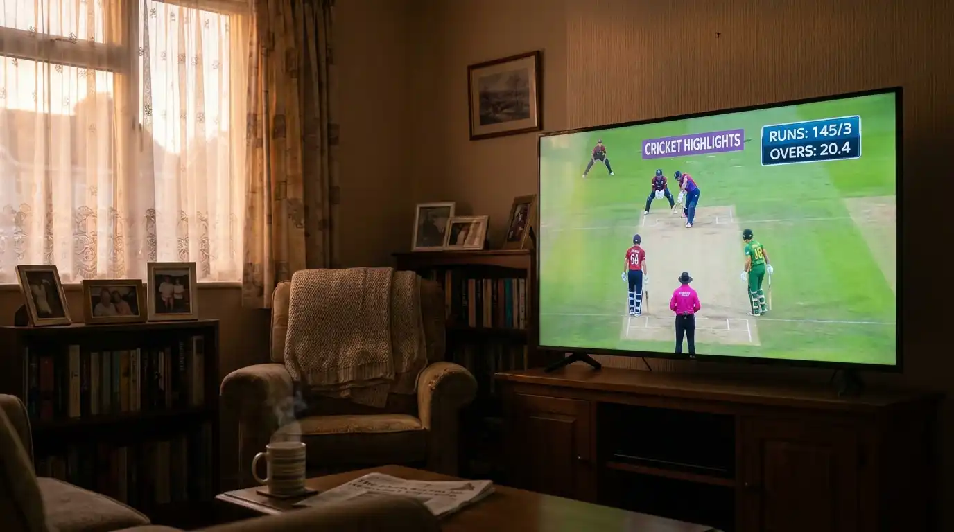 UK living room television showing a cricket highlights package on a free-to-air channel in the early evening