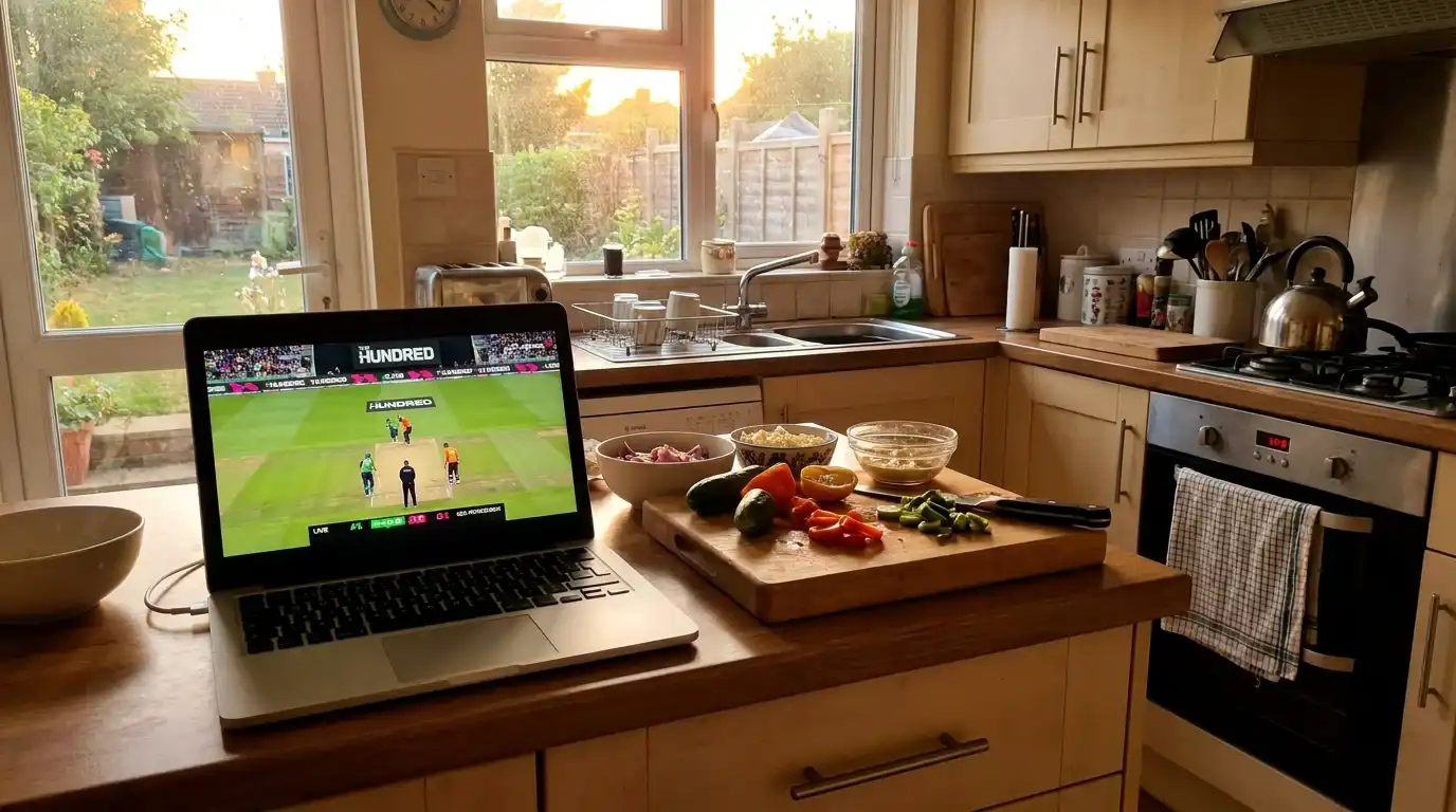 UK viewer watching a Hundred broadcast on a laptop in a kitchen with a meal preparation in progress alongside