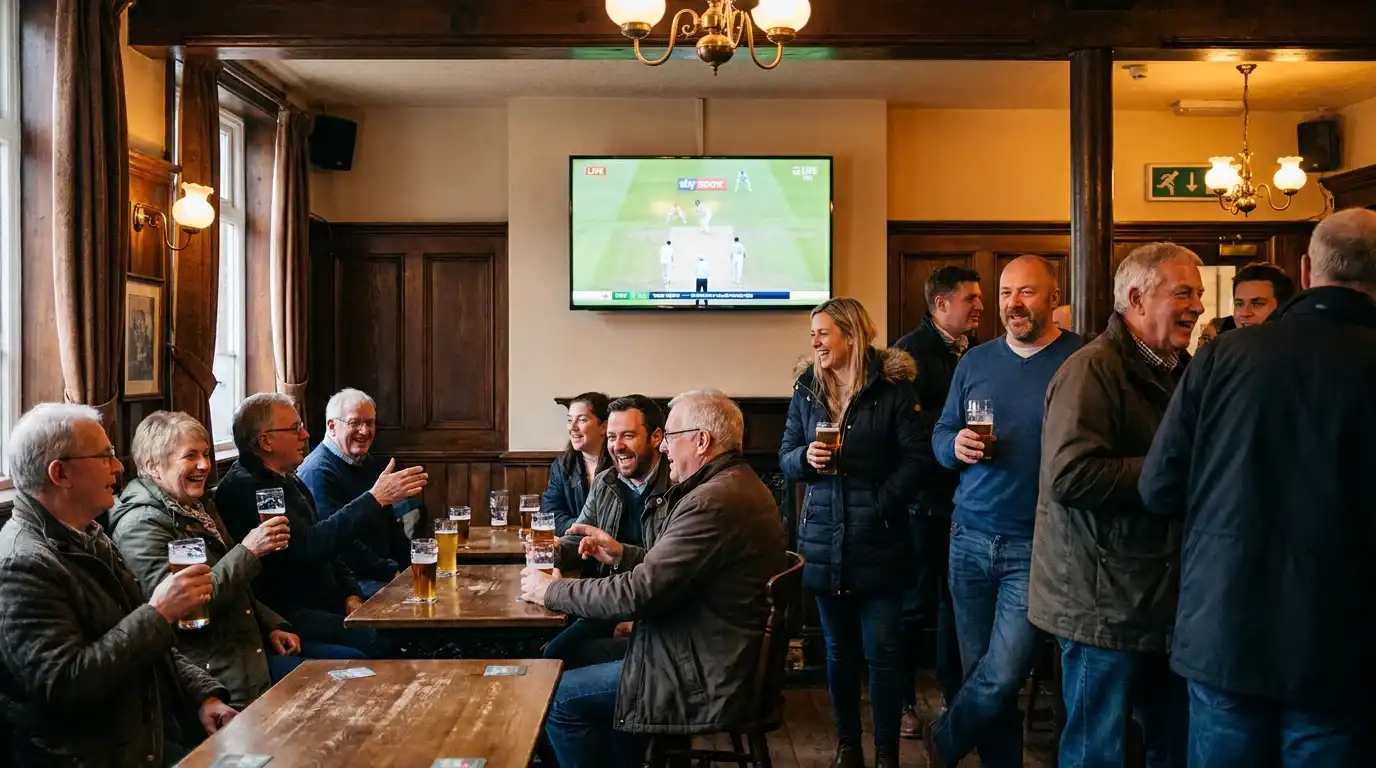 Group of UK pub patrons watching a Test match on the wall-mounted television with pints in hand on a Saturday afternoon