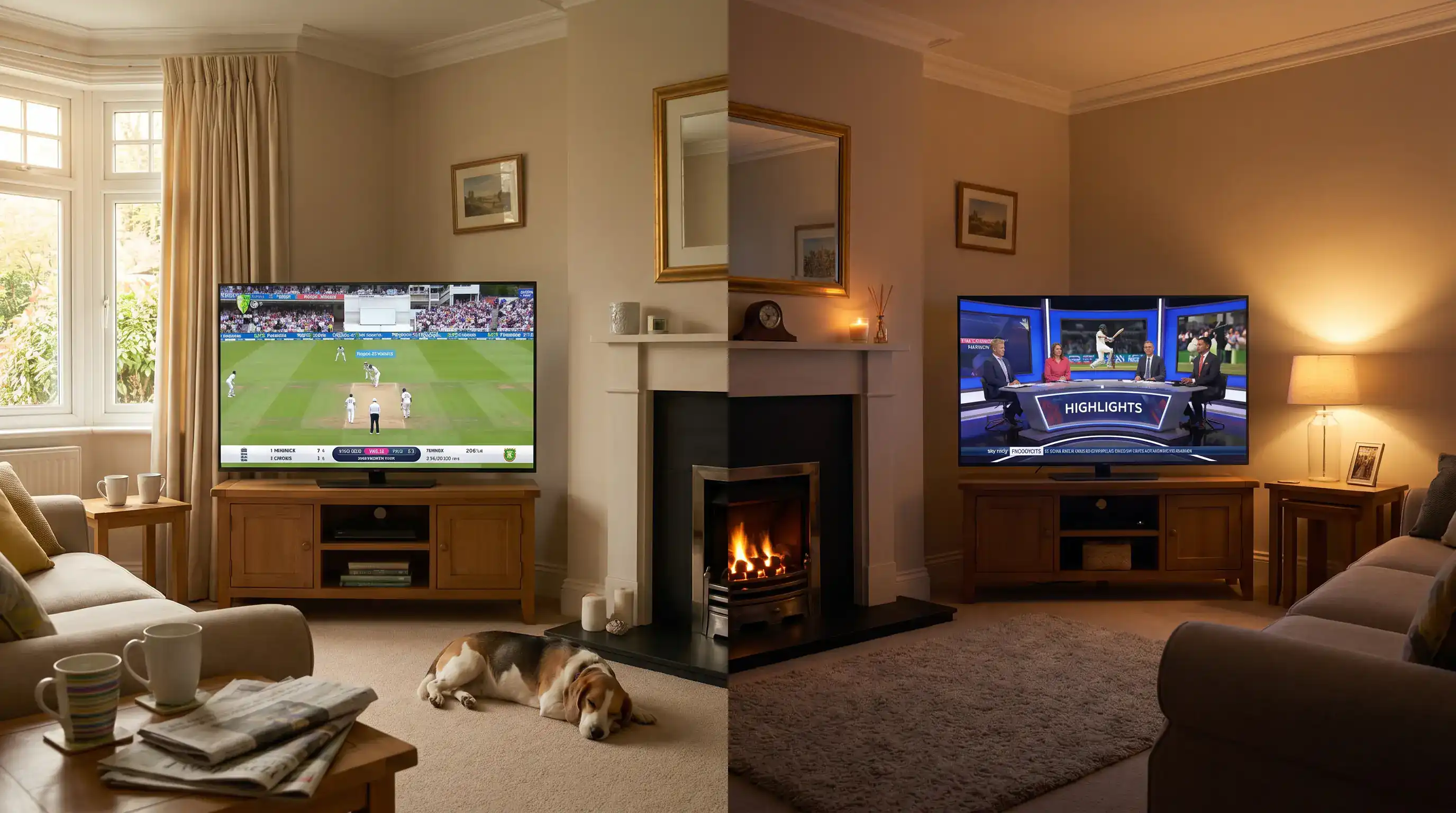 Side-by-side composite showing two televisions in different UK rooms one with paid cricket coverage and one with free-to-air highlights
