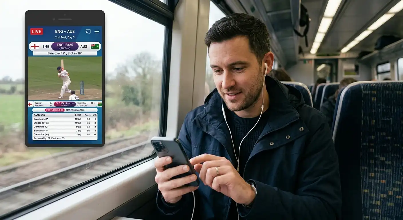 UK commuter watching a cricket match on a smartphone with headphones on during a train journey