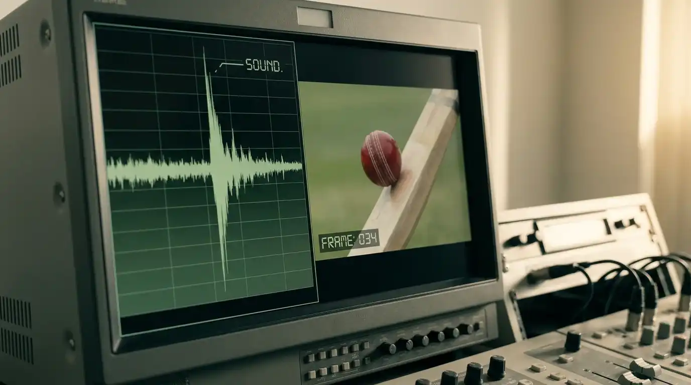 Broadcast monitor displaying an audio waveform spike alongside slow-motion footage of a cricket ball passing the bat during an edge review