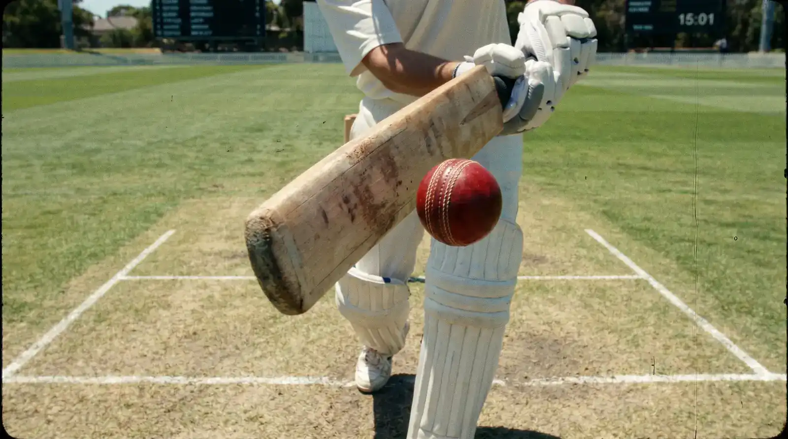 Single frozen video frame showing a cricket ball within a millimetre of a willow bat edge during a delivery
