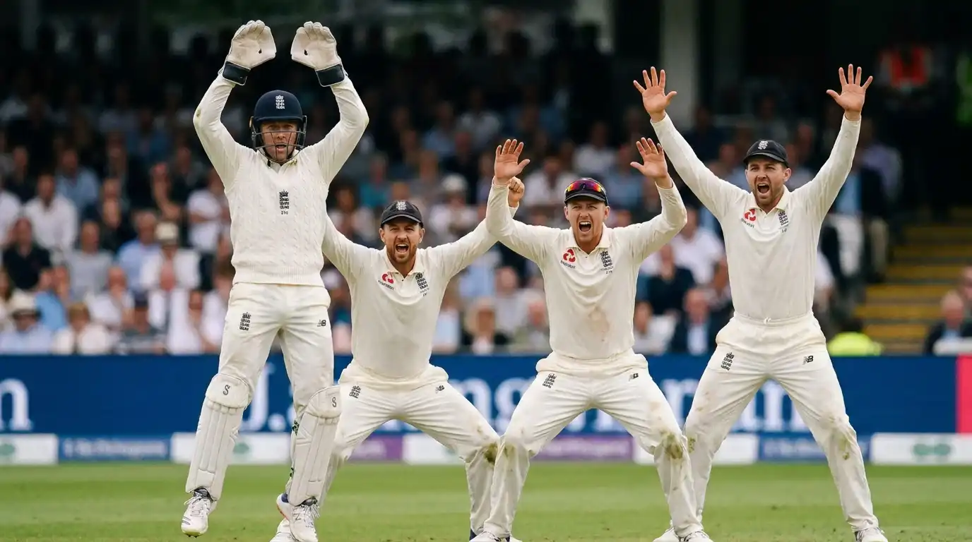 Wicket-keeper appealing for a caught-behind decision with the slip cordon raising their arms in unison during a Test match