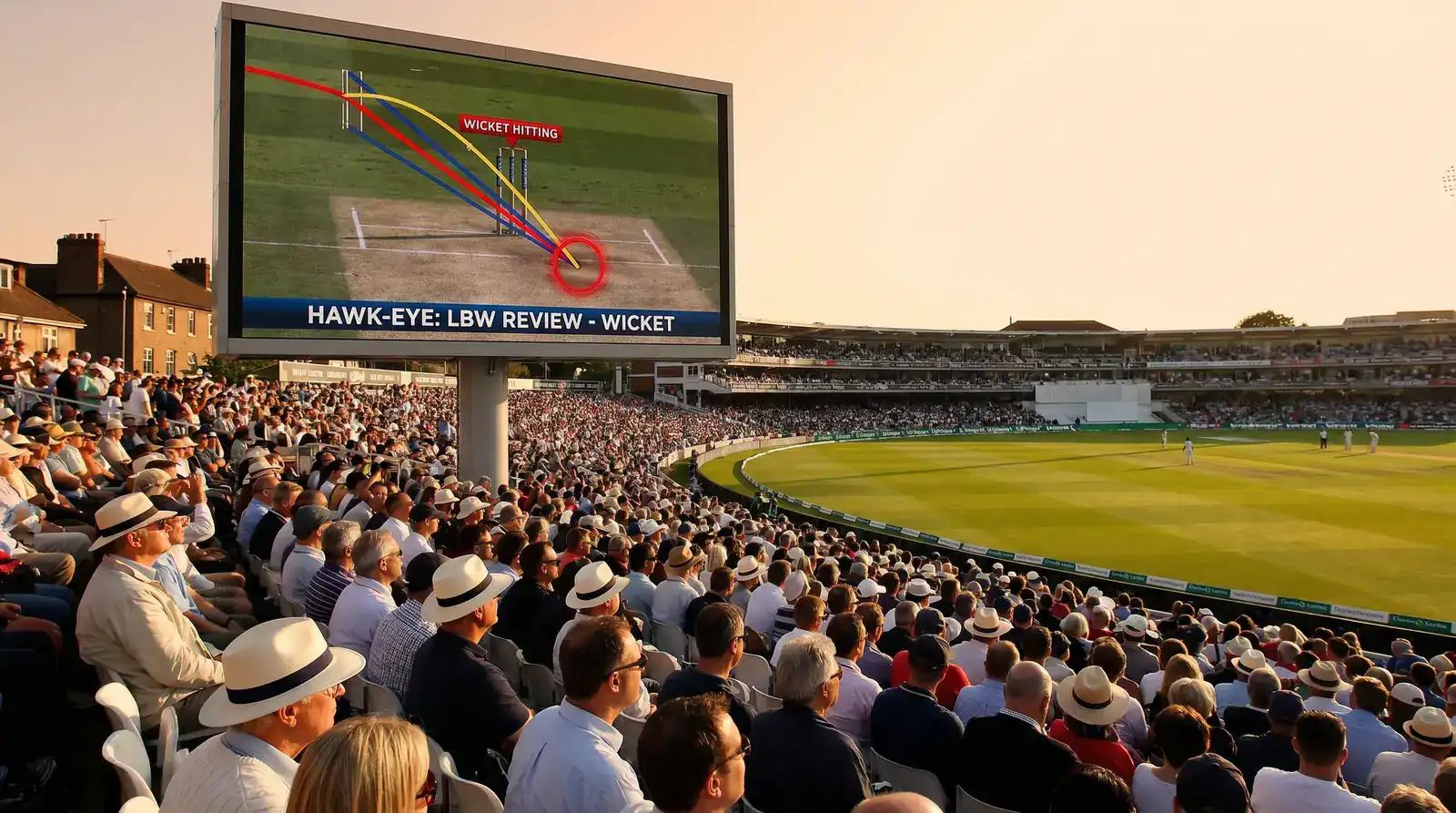 Big screen at an English Test ground displaying the Hawk-Eye graphic with the wicket zone highlighted during an LBW review