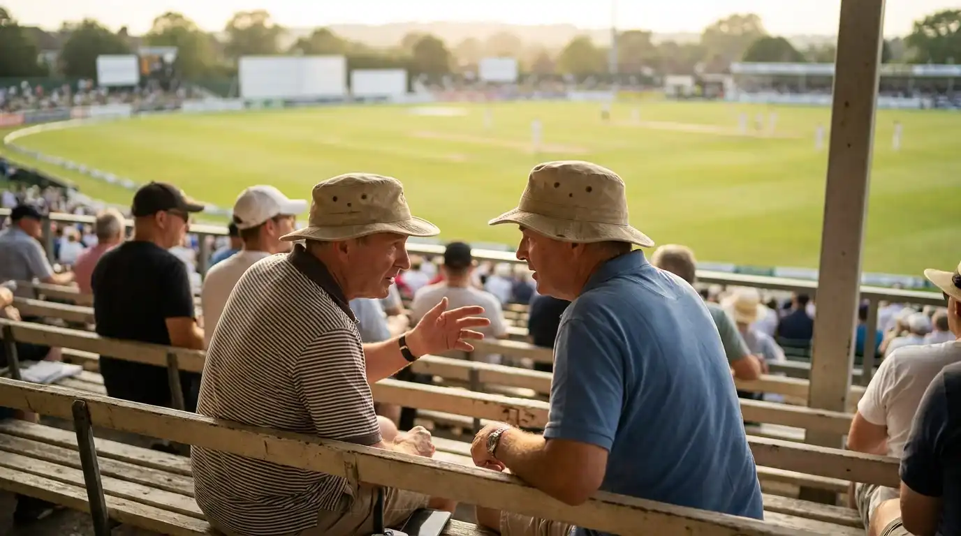 Two cricket fans in a stand at an English ground gesturing animatedly while discussing a controversial DRS decision