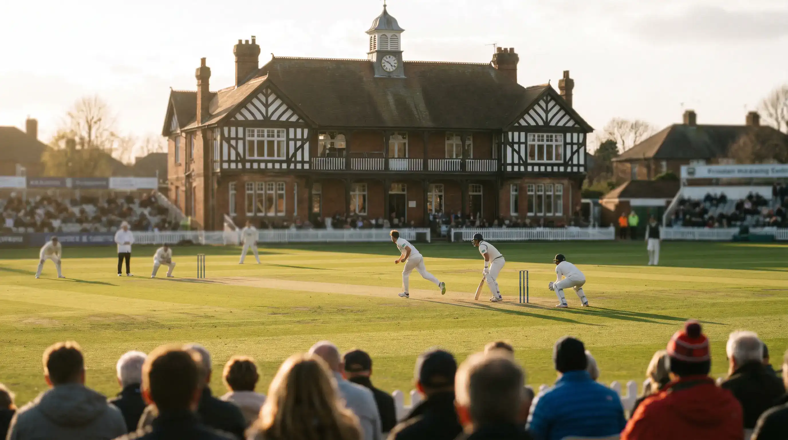 Test match in progress at Lord's-style English ground with bowler running in to deliver under the late afternoon sun