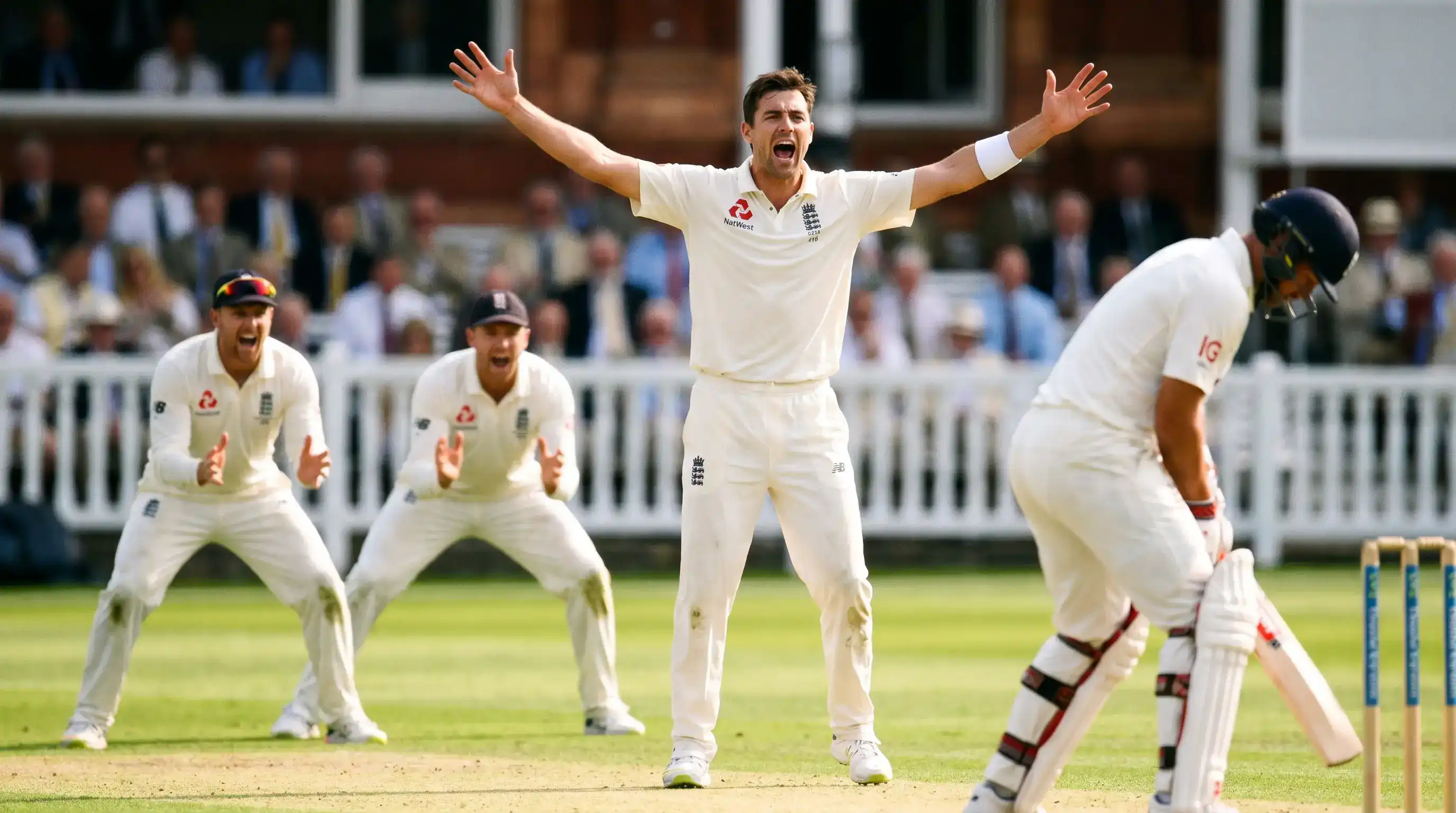 Cricket bowler and slip fielders in a unified LBW appeal toward the umpire after a batter is struck on the front pad