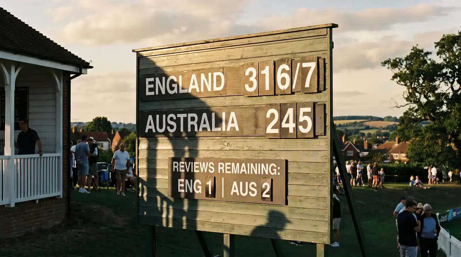 Test match scoreboard at an English ground displaying remaining DRS reviews for both teams below the main totals